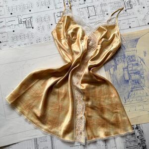 Y2K Vintage Victoria’s Secret Yellow Plaid Satin Mini Slip Dress with Lace Trim